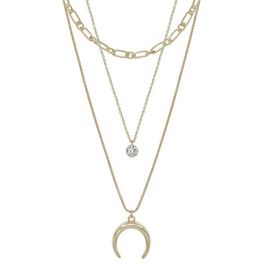 Metal 3 Layered Chain Horn Pendant Necklace